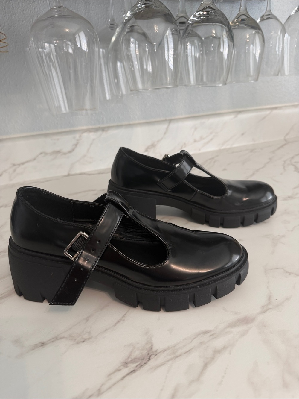 Madden Girl Haddie Black Patent Lug Sole Mary Jane Shoes Size 7.5”